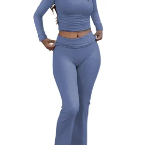 Women’s Yoga Two-Piece Activewear Set – Long-Sleeve Crop Top & Wide-Leg Pants