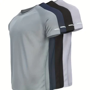 Men’s Solid Sports T-Shirts – 4-Pack Quick-Dry Breathable Training Tees with Reflective Details